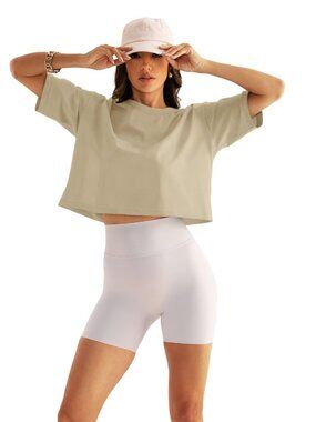 Womens Oversized Workout Crop Tops Cotton T Shirts Boxy Crewneck Loose - X-LARGE